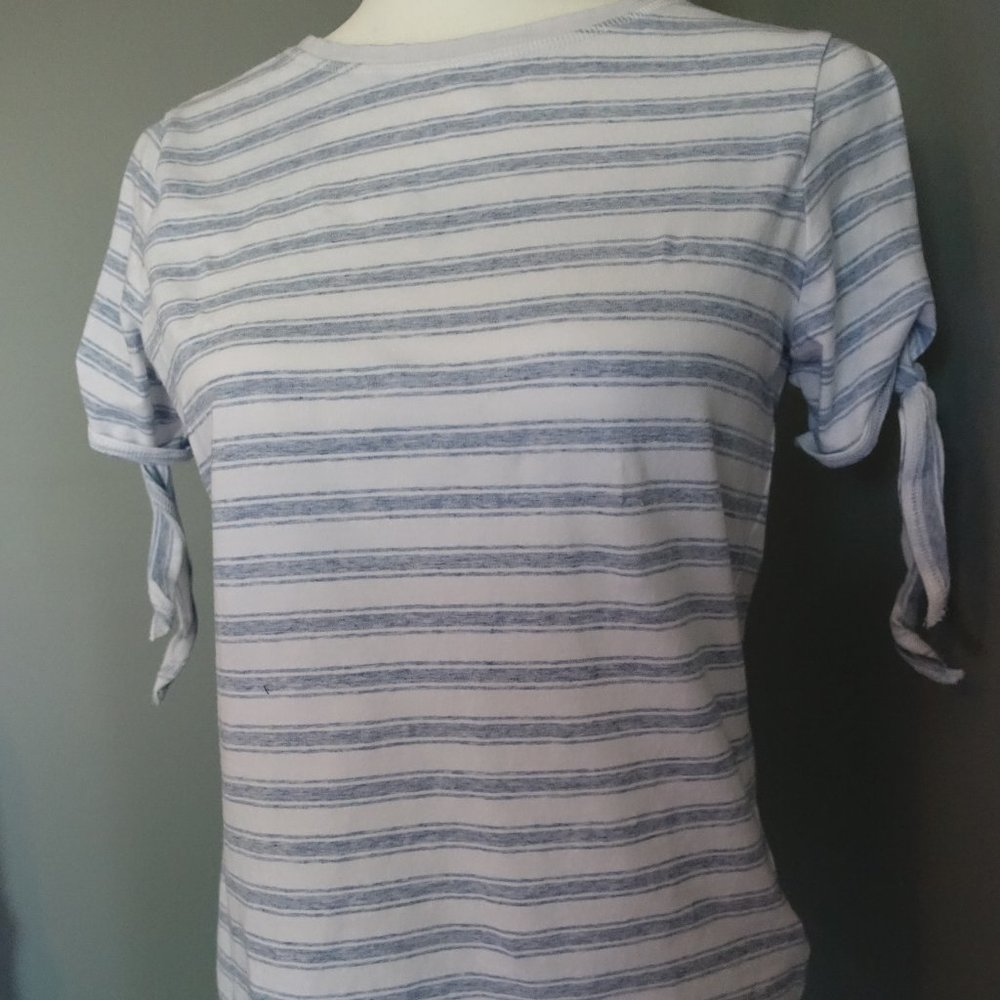 Blue and White Striped Cold Shoulder T-shirt